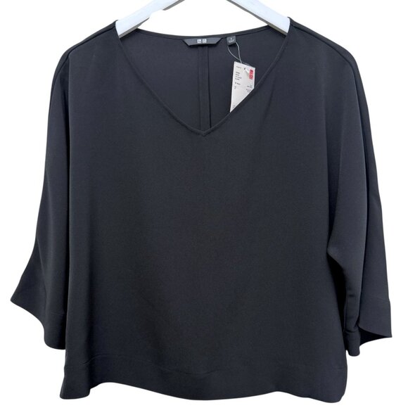 UNIQLO Black Blouse Size Small 3/4 Sleeve Womens Top Modern Minimalist V Neck NW - Picture 1 of 9